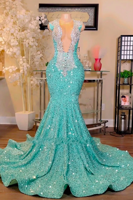 Rhinestones Prom Dresses For Black Girls Diamonds Luxury Mermaid Prom Gown 2024 Vestidos De Fiesta Sparkly Sequin Formal Occasion Dresses 2025 V