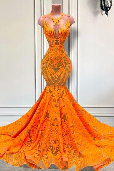 Elegant Prom Dresses For Women Orange Sequin Applique Evening Gown 2024 Vestidos De Fiesta Mermaid Fashion Party Dresses 2025 Abendkleider Robes