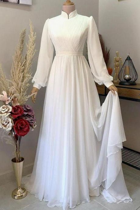 White Prom Dresses 2024 High Neck Muslim Long Sleeve Prom Gown Robes De Bal Elegant Arabic A Line Chiffon Formal Party Dresses 2025 Vestidos De Gala 