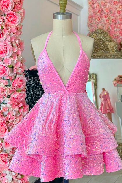 Halter Pink Prom Dresses Short Mini Dresses Robes De Cocktail Sparkly 21st Birthday Party Dresses A Line Tiered Prom Gown Homecoming Dresses