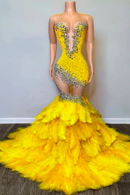 Rhinestones Yellow Prom Dresses For Black Girls Feather Mermaid Luxury Birthday Party Dresses Robes De Soiree Femme Formal Occasion Dresses Sexy
