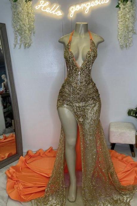 Halter Sexy Prom Dresses 2024 Gold Sparkly Luxury Prom Gown 2025 Vestidos De Fiesta Diamonds Formal Occasion Dresses Abendkleider Vestidos De
