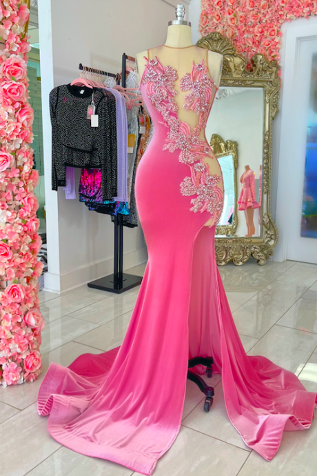 Pink Beaded Prom Dresses 2024 Formal Occasion Dresses Elegant Lace Applique Evening Gown For Women 2025 Robes De Soiree Femme