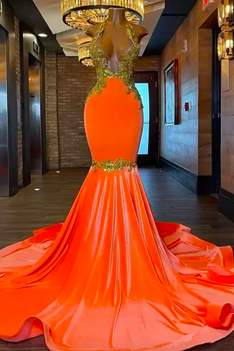 Orange Plus Size Prom Dresses For Black Girls Fashion Gold Lace Applique Elegant Evening Gowns For Women Vestidos De Fiesta Formal Wear