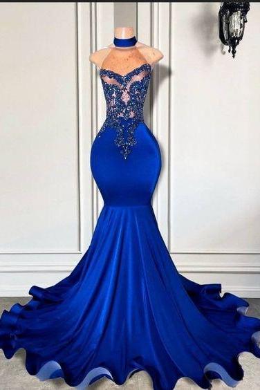 High Neck Prom Dresses 2024 Royal Blue Beaded Applique Evening Formal Gown 2025 Vestidos De Fiesta De Longo Elegant Prom Gowns