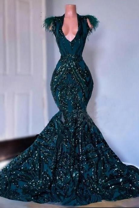 Feather Deep Green Prom Dresses For Women Cap Sleeve Elegant Luxury Prom Gown Vestidos De Fiesta Custom Make Evening Gown Abendkleider