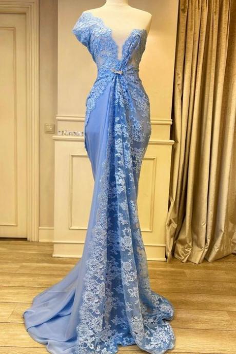 One Shoulder Blue Prom Dresses For Women 2024 Lace Applique Elegant Modest Dubai Fashion Party Dresses 2025 Vestidos De Fiesta Formal Occasion