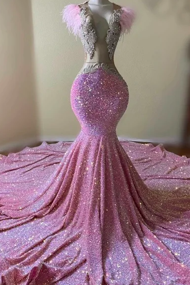 Feather Pink Prom Dresses For Women Sparkly Sequin Elegant Lace Applique Modest Evening Gown Abendkleider Formal Occassion Dresses Vestidos De