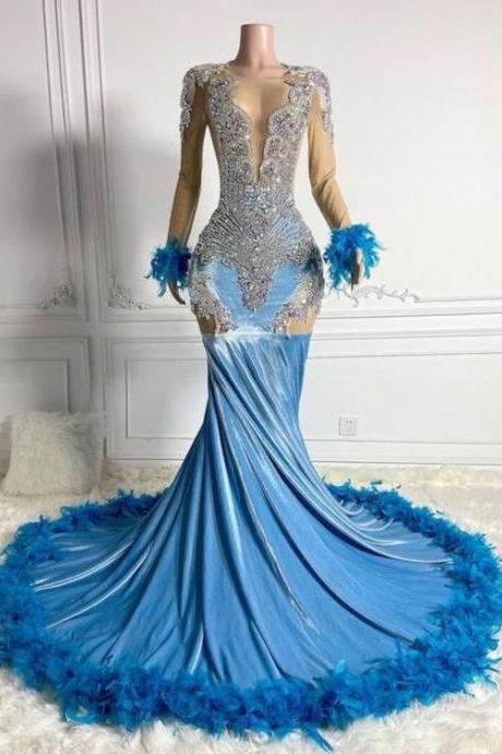 Feather Blue Prom Dresses 2024 Custom Plus Size Rhinestones Luxury Prom Gown For Black Girls 2025 Velvet Elegant Arabic Formal Occasion Dresses