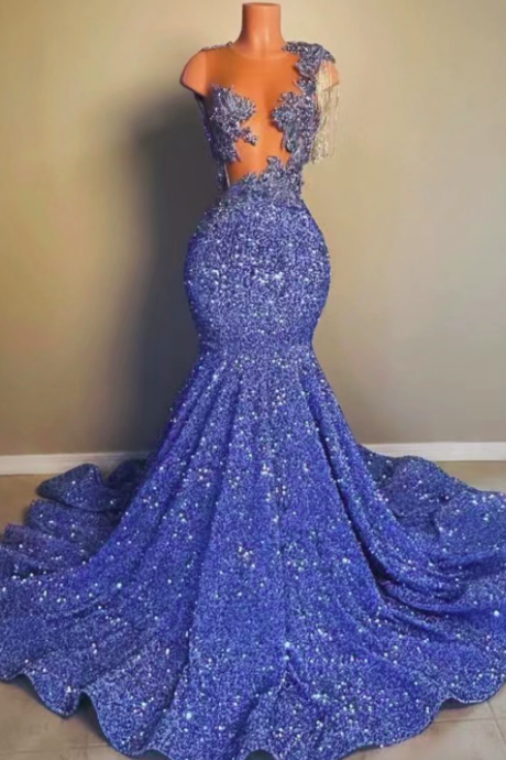 Tassels Beading Applique Prom Dresses 2025 Blue Sparkly Custom Prom Gown 2024 Mermaid Plus Size Evening Wear Formal Occasion Dresses Abendkleider