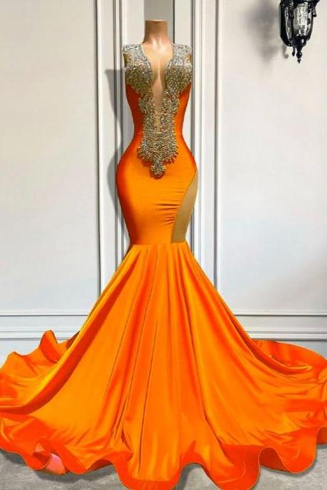 Orange Beading Prom Dresses For Black Girls Fashion Elegant Diamonds Party Dresses Queen Rhinestones Luxury Evening Gown Vestidos De Fiesta