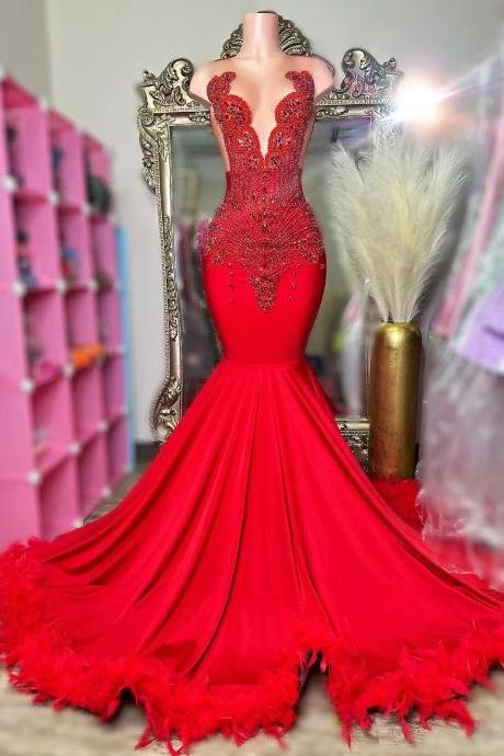 Red Feather Prom Dresses 2024 Rhinestones Beading Modest Evening Gown 2025 Formal Occasion Dresses Vestidos De Gala Abendkleider Custom Prom Gown
