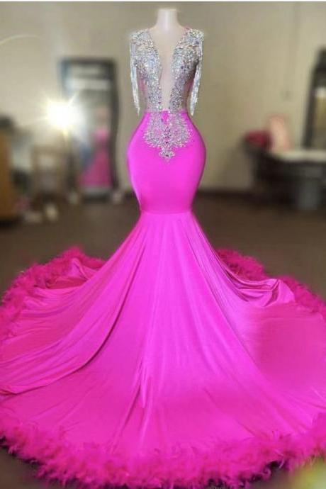 Diamonds Luxury Prom Dresses 2025 Feather Tassel Beading Pink Prom Gown 2024 Vestidos De Gala Formal Occasion Dresses Elegant Sparkly Party