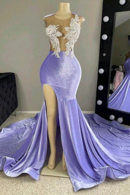Lavender Purple Prom Dresses Velvet Lace Applique Beading Elegant Formal Gown Vestidos De Fiesta Fashion Sexy Party Dresses With Side Split