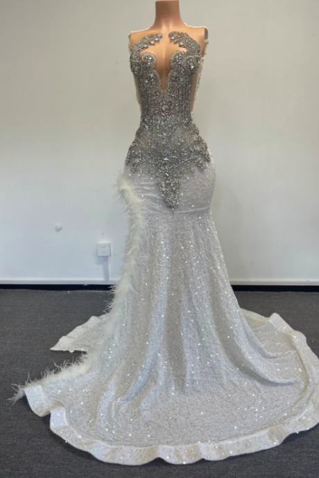 White Sparkly Prom Dresses For Women Fashion Design Rhinestones Luxury Birthday Party Dresses Feather Glitter Modest Mermaid Prom Gown Vestidos