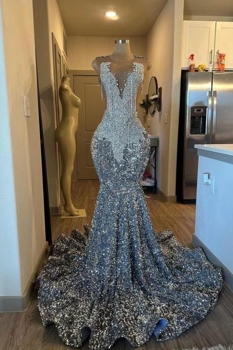 Beading Tassel Sparkly Prom Dresses 2025 Gray Rhinestones Luxury Elegant Prom Gown Vestidos De Gala Diamonds Fashion Evening Dresses For Black