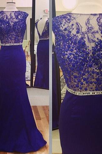 Mermaid Royal Blue Evening Dress, Lace Beading Elegant Evening Dress, Cap Sleeve Custom Long Evening Dress, Affordable Formal Dress 2016