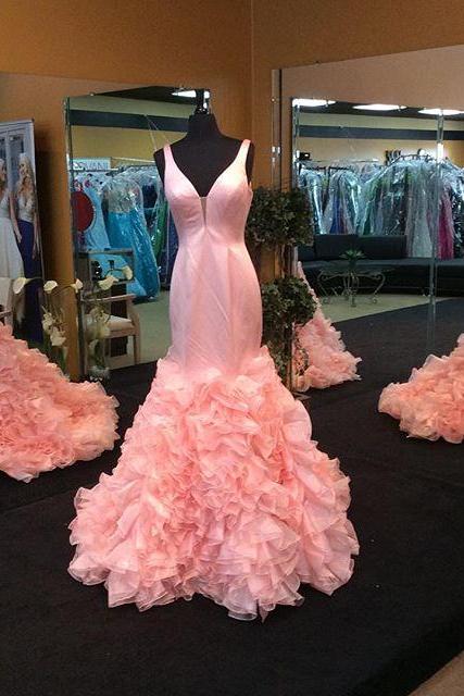 tiered pink evening dresses vestidos de fiesta mermaid v neck elegant sleeveless simple formal party dresses robe longue