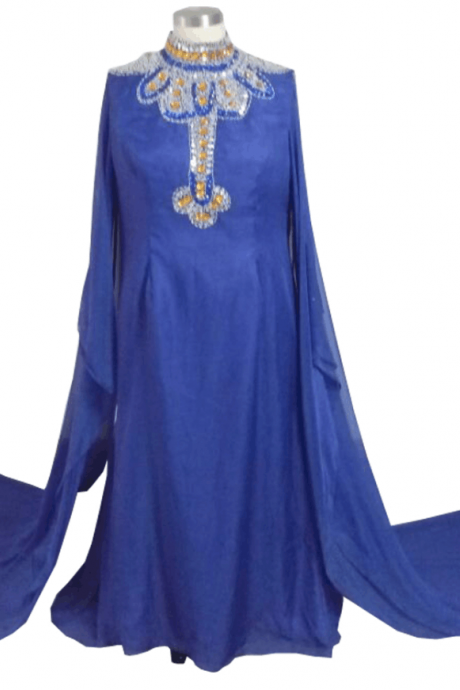 Blue Dubai Kaftan, Rhinestones Elegant Beaded Evening Dress Dubai Caftan, Saudi Arabic Evening Gowns 2016