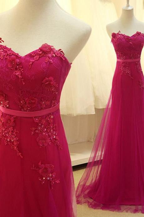 Fuchsia Prom Dress, A Line Prom Dress, Lace Prom Dress, Elegant Prom Dress, Prom Dresses 2017, Long Prom Dress, Beaded Prom Dress, Evening Dress Prom