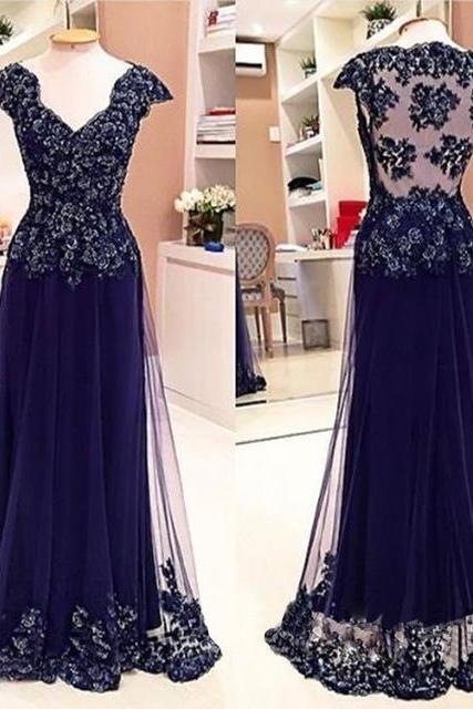 abito elegante donna cap sleeve prom dresses long navy blue lace applique beaded elegant a line prom gown vestidos de fiesta 
