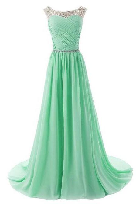 A Line Beaded Prom Dresses Long Chiffon Cap Sleeve Mint Green Prom Gown Robes De Cocktail Vestidos De Noche