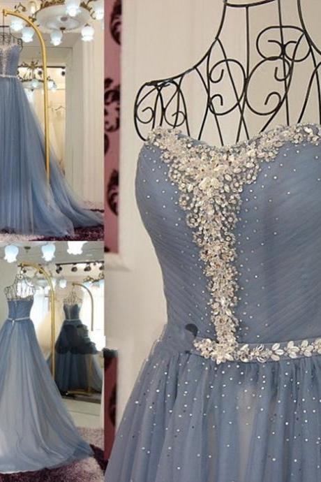 vestidos de fiesta dusty blue beaded prom dresses long tulle a line elegant simple modest prom gown sukienka wieczorowa