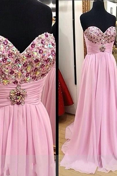 robe de soiree beaded prom dresses long chiffon pink sweetheart neck a line cheap prom gown vestidos de fiesta 