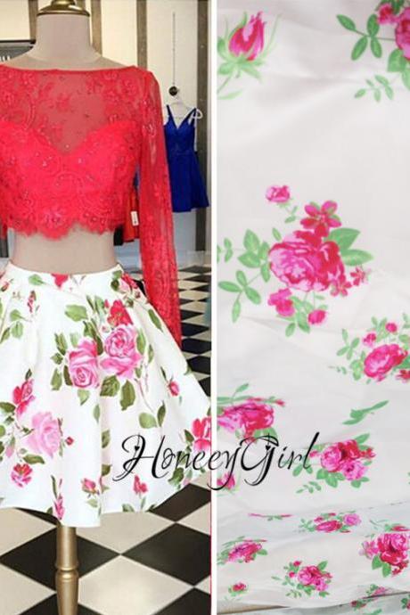 print short prom dresses long sleeve lace applique red cheap a line 2 piece prom gown vestidos de graduacion abendkleider
