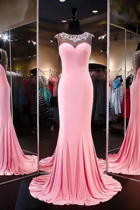 Pink Evening Dress, Mermaid Evening Dress, Chiffon Evening Dress, Sexy Evening Dress, Sheer Back Evening Dress, Rhinestones Evening Dress