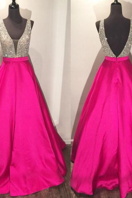 vestidos de cocktail hot pink vintage prom dresses long satin a line beaded v neck elegant prom gown robe de bal