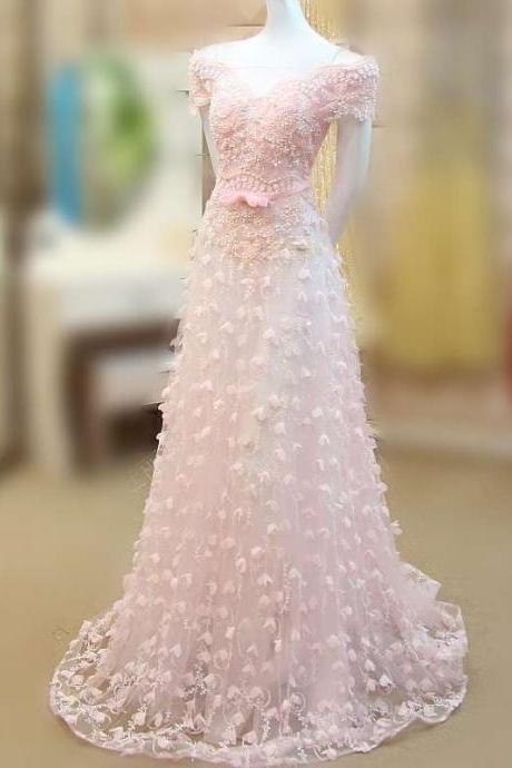 Pink Evening Dress, A Line Evening Dress, Lace Evening Dress, Short Sleeve Evening Dress, Floral Evening Dress, Elegant Evening Dress, V Neck Evening Dress, Formal Party Dresses