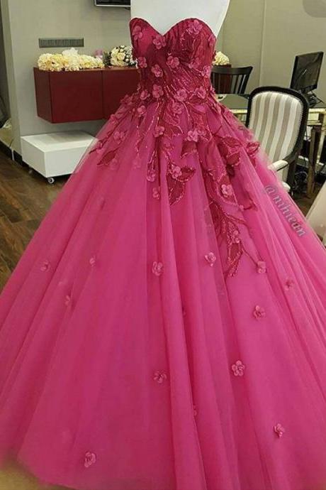 hot pink prom dresses ball gown lace applique sweetheart neck tulle elegant simple floral prom gown sweet 16 dresses robe de soiree femme