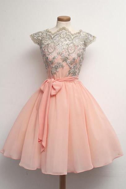 robe de bal vintage prom dresses short pink lace applique cap sleeve cheap prom gown vestidos de graduacion 