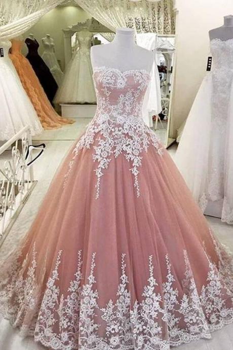 Tulle Prom Dress, Dusty Pink Prom Dress, Elegant Prom Dress, Lace Applique Prom Dress, Prom Dresses 2017, Cheap Prom Dress, A Line Prom Dress, Evening Dresses 2017, Party Dresses
