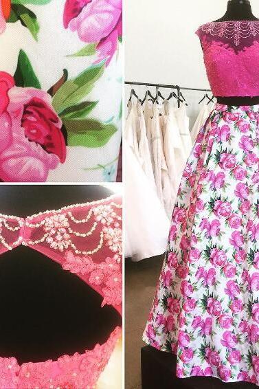 Pink Prom Dress, Lace Prom Dress, Printed Prom Dress, 2 Piece Prom Dresses, Cap Sleeve Prom Dress, Elegant Prom Dress, Floor Length Prom Dress, Cheap Prom Dress, Prom Dresses 2017, Women Formal Party Dress