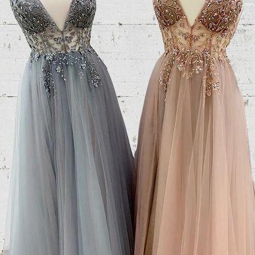 spaghetti strap smokey blue prom dresses long 2022 beaded elegant v neck tulle sexy prom gown vestido de longo 2023