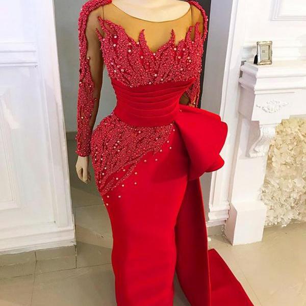 long sleeve elegant evening dresses 2023 red lace applique beaded mermaid modest luxury formal evening gown robe de soiree 2024