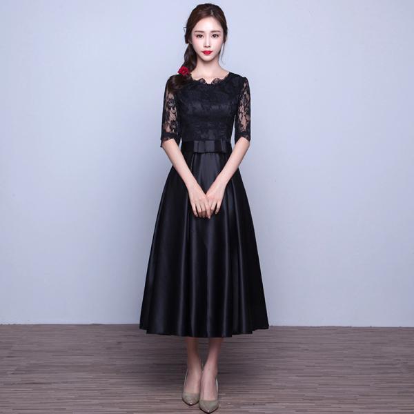 Black Vintage Prom Dresses Lace Applique A Line Satin Prom Gown Robe De ...