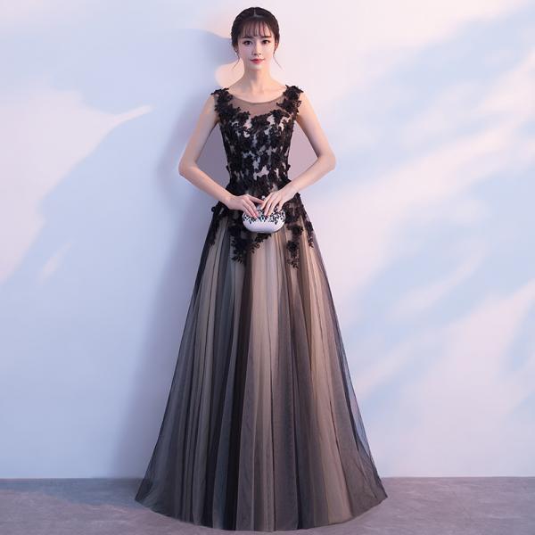 black lace applique prom dresses long a line tulle vintage prom gown vestidos de fiesta