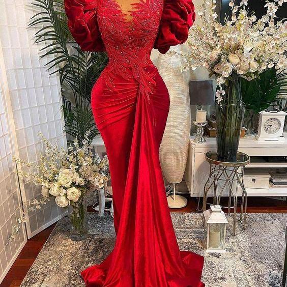 red evening dresses vestidos de fiesta flare sleeve mermaid modest lace applique beaded elegant formal dresses robe de soiree 