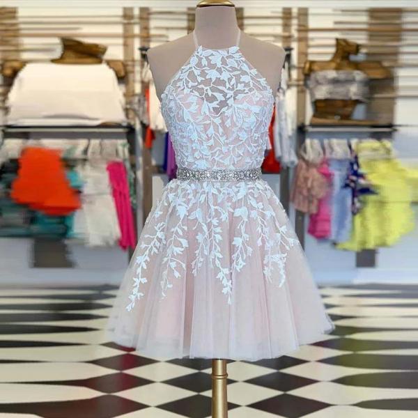 short prom dresses 2022 lace applique halter lace applique beaded cheap prom gown vestidos de graduacion 2023 
