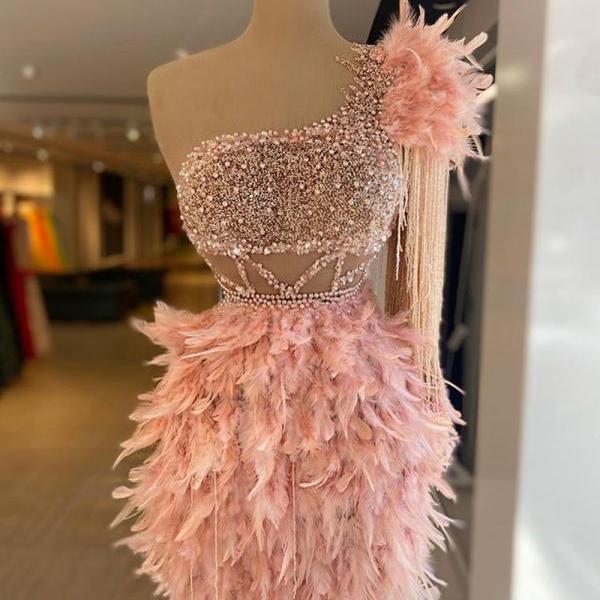 feather cocktail dresses 2022 short pink prom dresses beaded tassels luxury sexy formal party dresses robe de cocktail 2023