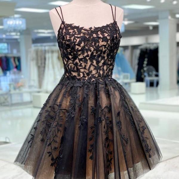 vestidos de cocktail black lace applique prom dresses short spaghetti strap beaded tulle cheap prom gown homecoming dresses 2022 robes de cocktail 2023