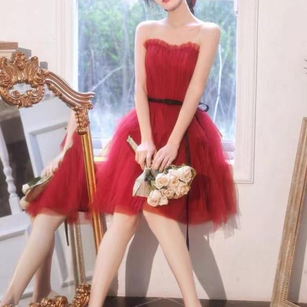 red tulle prom dresses short vestidos de cocktail a line cheap strapless custom make evening party dresses abendkleider