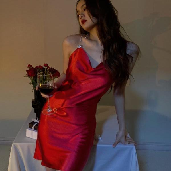 red evening dresses short sexy formal party dresses spaghetti strap mermaid satin simple formal dresses robe de soiree de femme