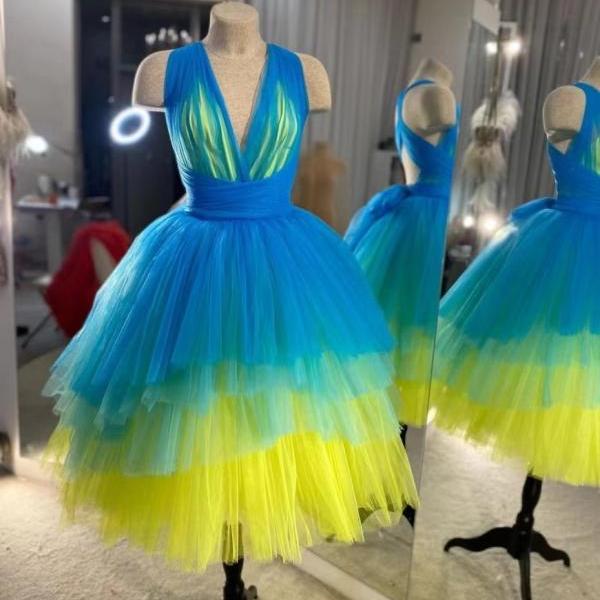 robes de cocktail colorful prom dresses short tulle v neck sleeveless cheap prom gown custom make vestidos de gala