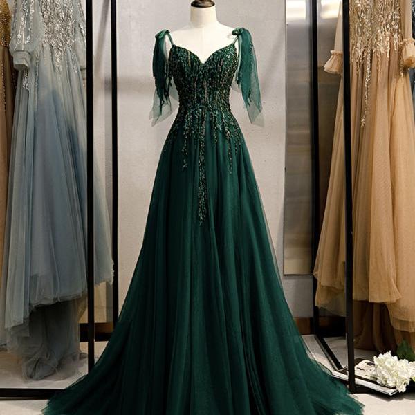 robe de soirée green vintage prom dresses a line tulle lace applique beaded elegant prom gown vestido longo festa de casamento