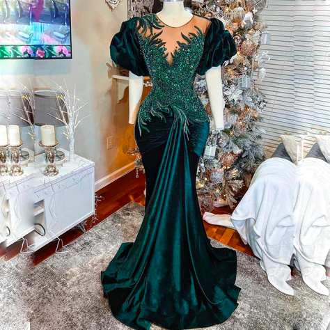 vestidos de fiesta largos mujer para bodas modest luxury evening dresses for women dark green beaded applique african formal party dresses abendkleider
