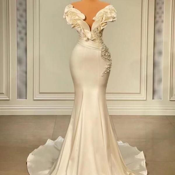 mermaid wedding dresses for women v neck elegant off white beaded luxury wedding gown cheap bridal dresses vestidos de novia 